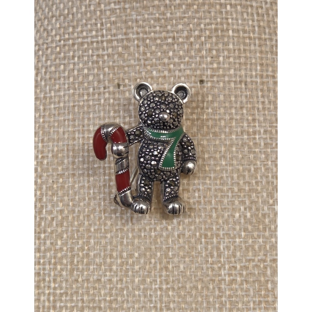 Vintage Sterling Silver Marcasite & Enamel Teddy Bear Christmas Brooch 925